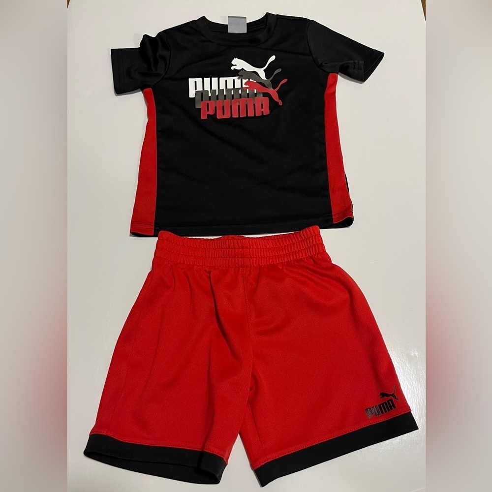 Puma Toddler Boys 2-Piece Athletic Set Red Black Logo Tee & Shorts Size 3T